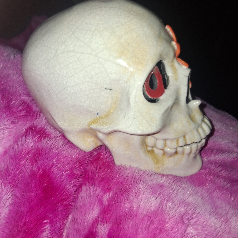 Don Drumm Studios Ceramic Skull W/red eyes, orange flower; No Longer Being Made! - Picture 2 of 3